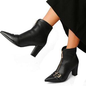Pointed Toe Kitten Heel Boots-Women Black Booties Rivets Ankle Boot Fashion Shoe